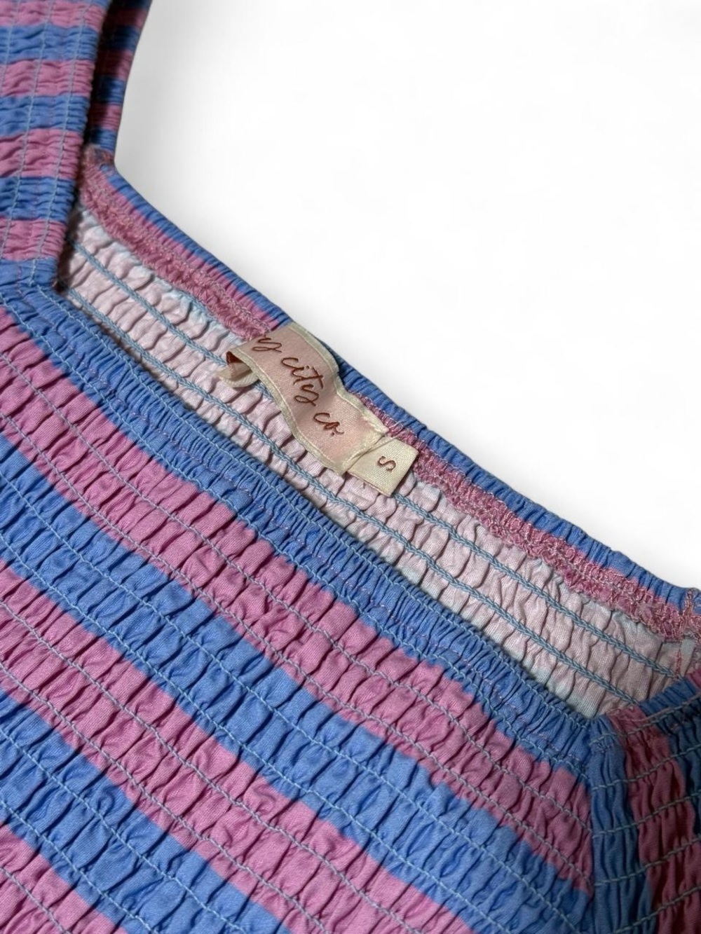 Ivy City Co Hattie Pink & Blue Striped Smocked Midi Dress Cottagecore Size S - Picture 6 of 6